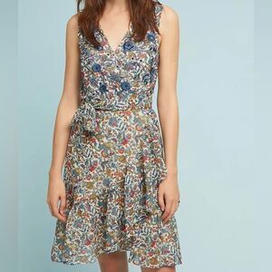 Anthropologie Ranna Gill Wrap Dress Botania Blue with 3D Floral Embroidery SZ XS